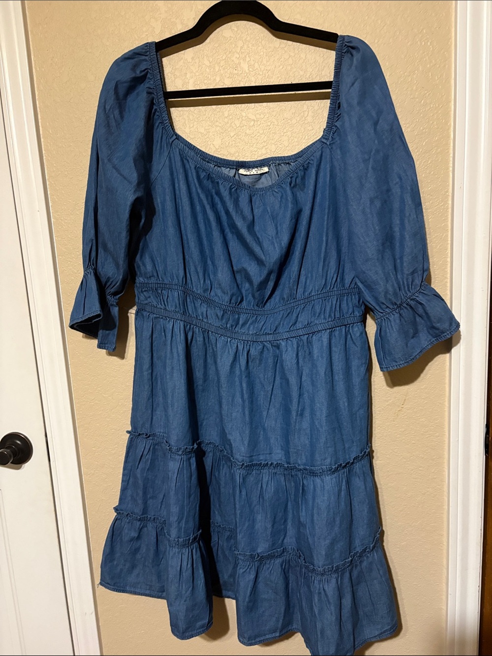Denim Blue Tiered Mini Dress with Square Neck